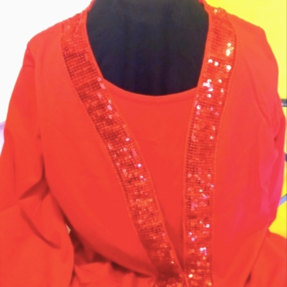 JOSEPH ALLEN RED CARDIGAN SEQUIN WITH CONNECTED TEE SHIRT PETITE LARGE, NEW